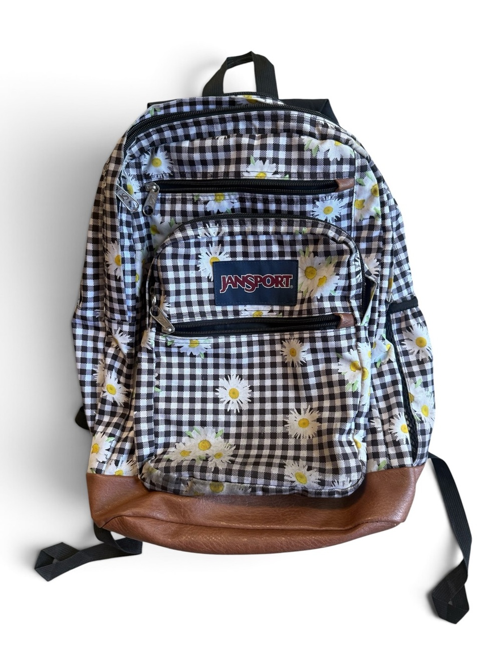 JanSport Black & White Gingham Daisy Print Backpack with Brown Base